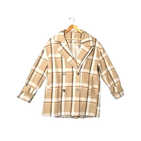 NWT MAISON STELLA & SUZIE Berlioze Plaid Coat Jacket Sz 36 Tan Cream Beige - Picture 3 of 8